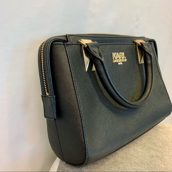 KARL Lagerfeld black leather gold hardware crossbody shoulder bag purse - Picture 2 of 11